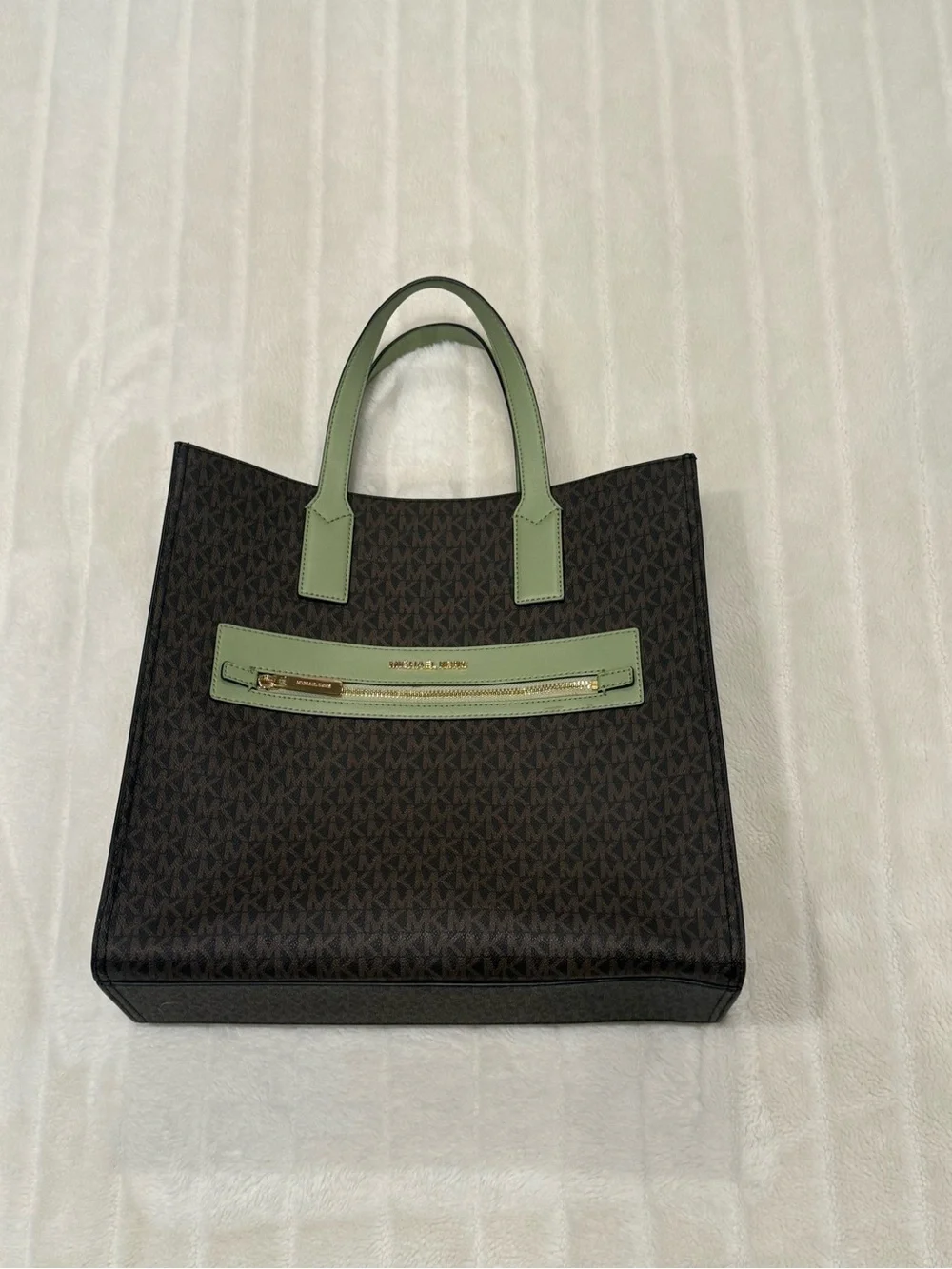 Michael Kors Brown Logo Tote with Sage Green Trim